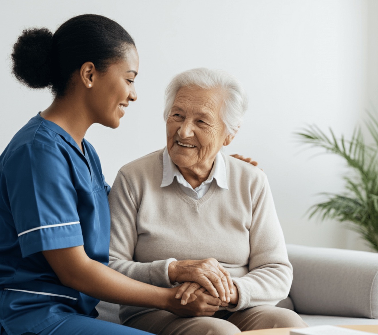 Caregiver offering companionship to senior at home
